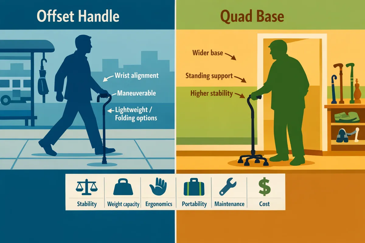 splitscreen comparing an offsethandle cane left with a quadbase cane right labeled features and typical use cases