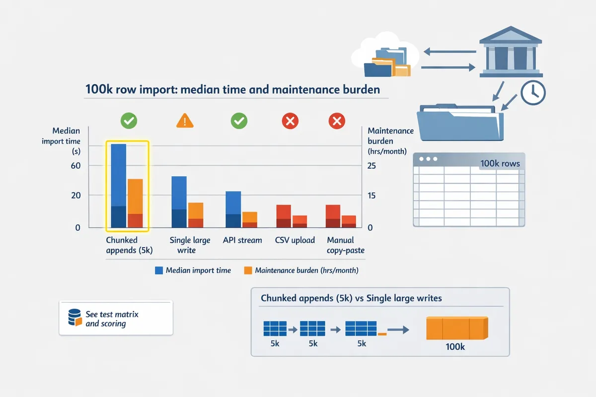 bar chart comparing median import times and maintenance burden across five methods for 100k row imports