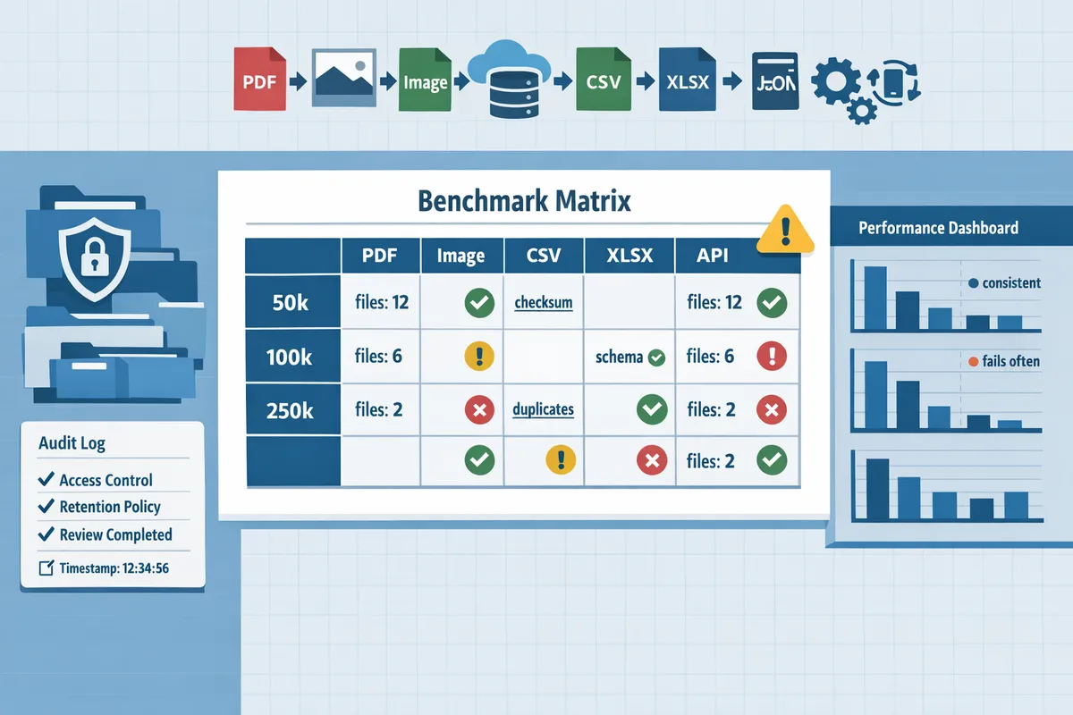benchmark matrix table showing formats pdf image csv xlsx api across row sizes 50k 100k 250k with sample file counts and key validation checks