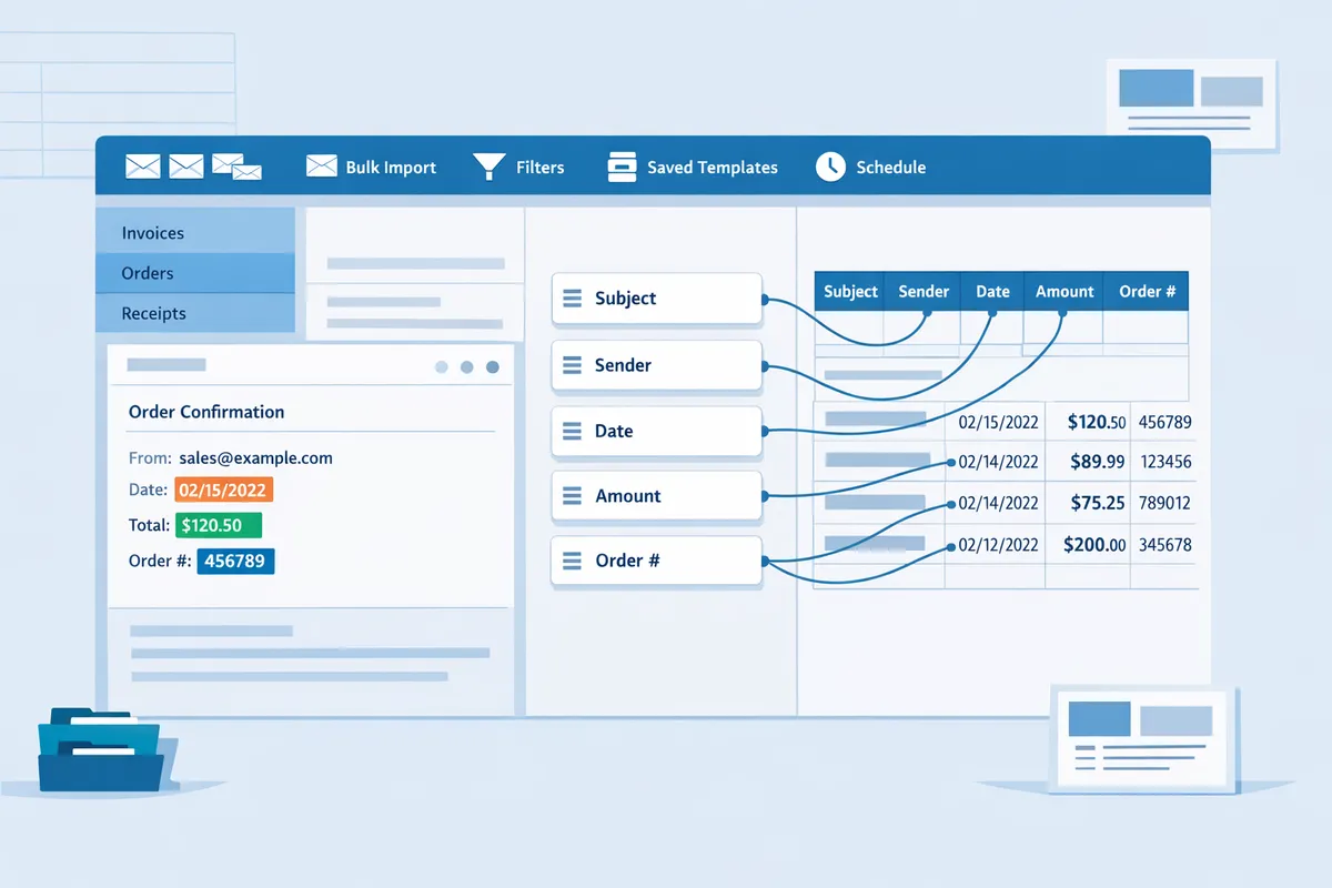 screenshot mockup showing xtractorapp preview pane with parsed fields mapped to google sheets columns