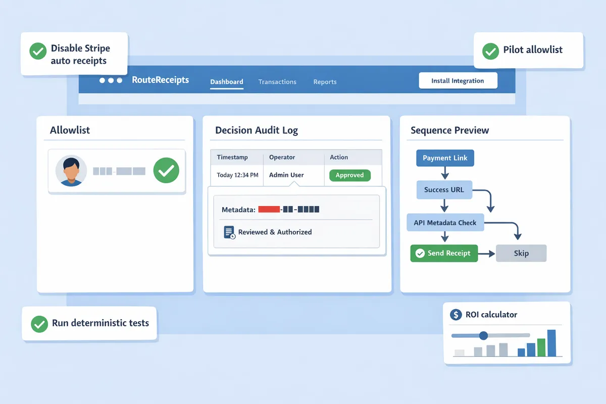 route receipts dashboard showing an allowlist entry a decision audit log row and a linked sequence workflow preview