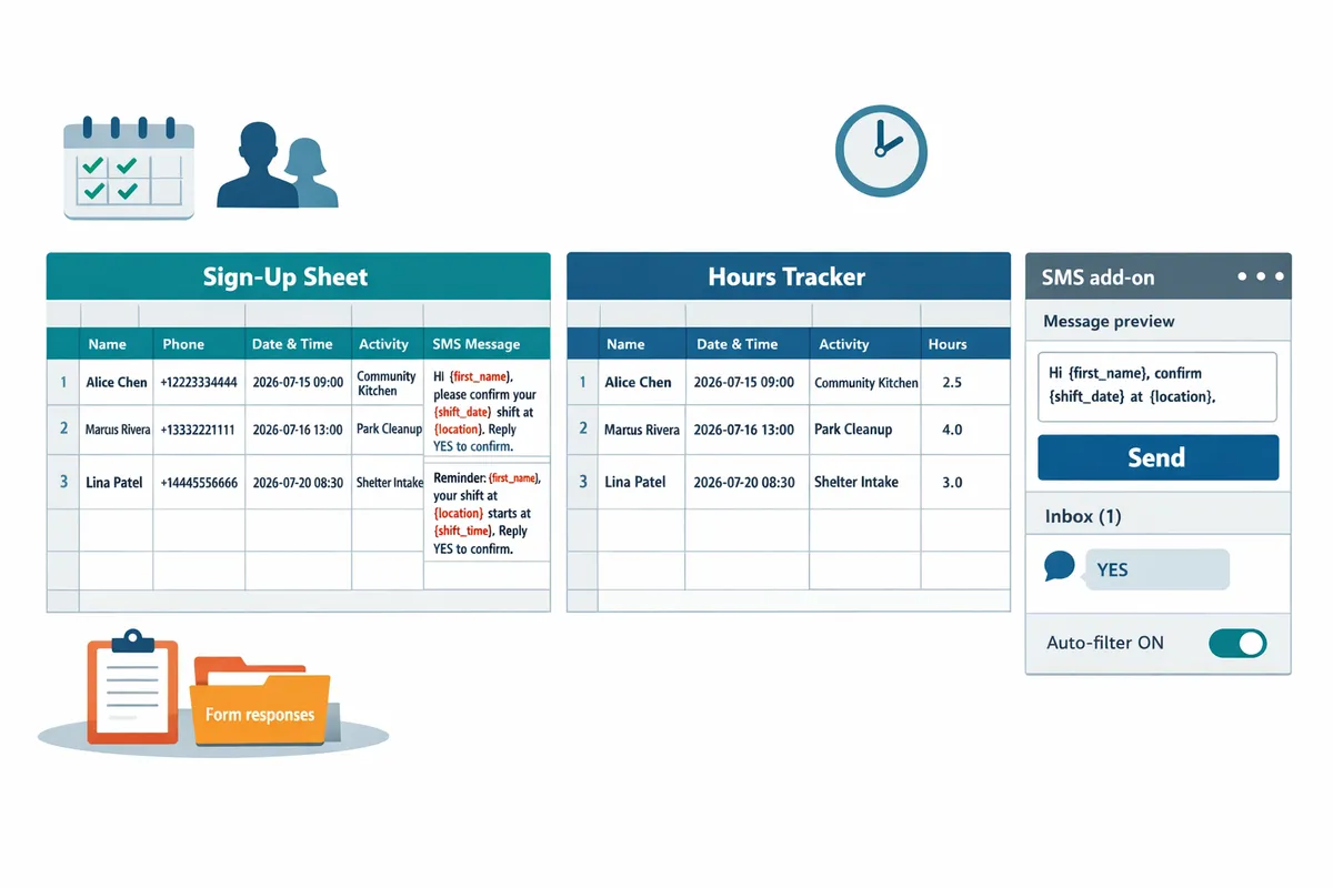 sidebyside preview of the signup sheet and hours tracker filled with sample volunteer entries and sample sms message column
