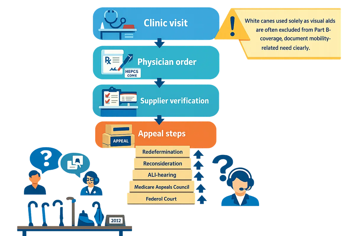 stepbystep flowchart showing clinic visit physician order supplier verification and appeal steps for obtaining a cane under medicare part b