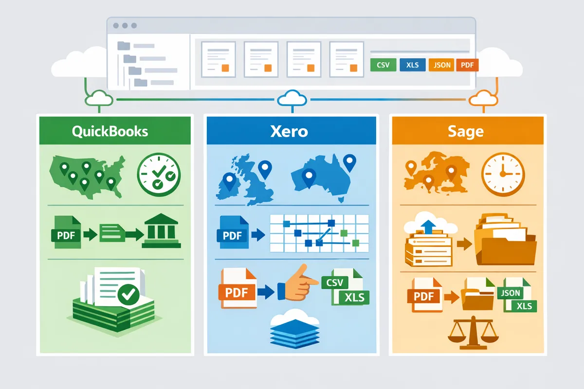 sidebyside table comparing quickbooks xero and sage bank feed behavior and pdf import workflows