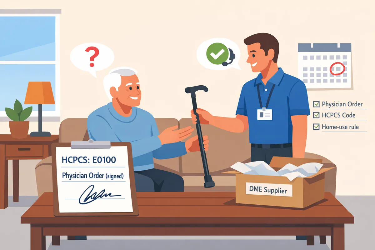 patient receiving a prescribed walking cane in a home setting with paperwork and supplier box