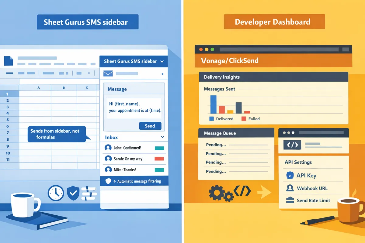 splitscreen comparing sidebarfirst editor sheet gurus versus developerfocused dashboard vonage and clicksend