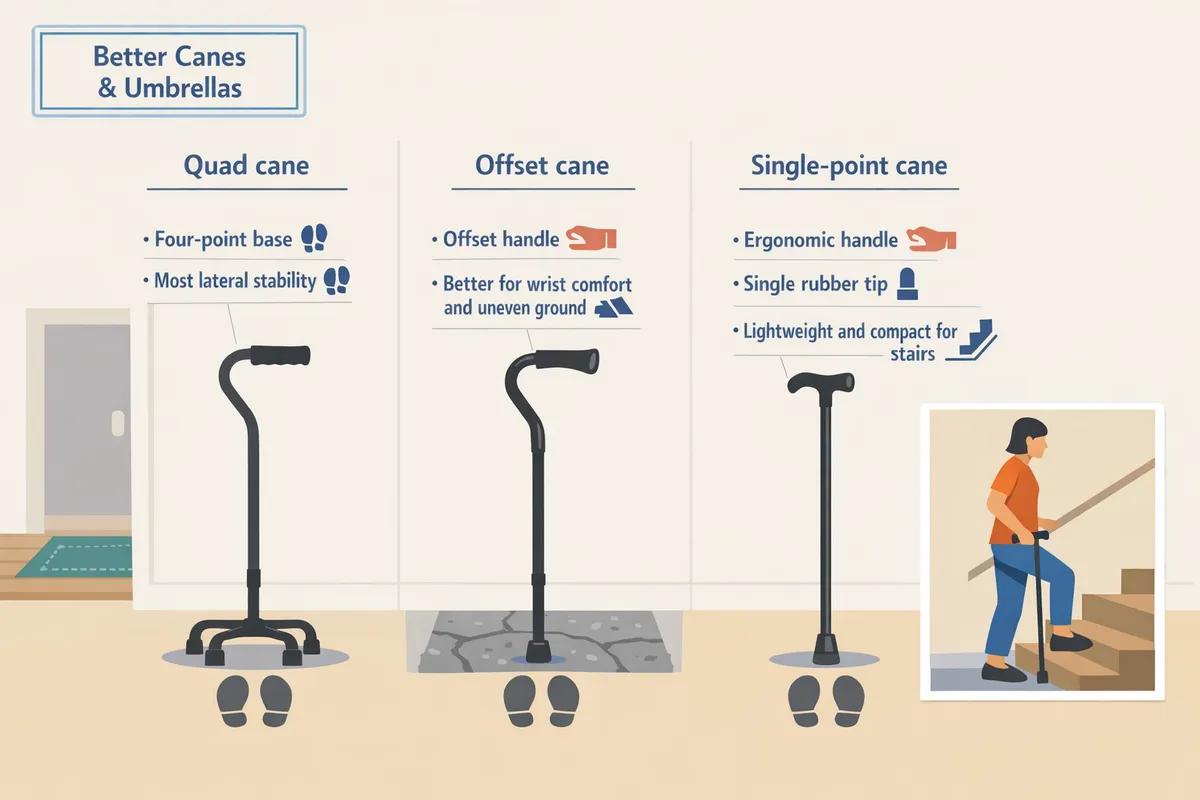 sidebyside diagram showing a quad cane an offset cane and a singlepoint cane with footprints and labeled features