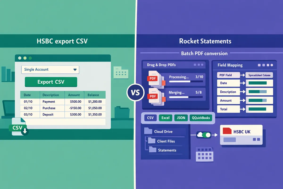 splitscreen comparing hsbc export csv on the left and batch pdf conversion interface on the right