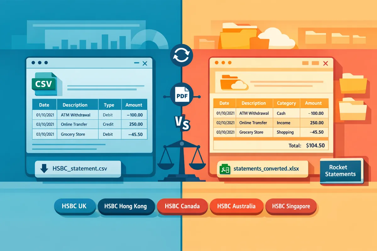 splitscreen showing a downloadable csv from hsbc on the left and a converted excel sheet on the right