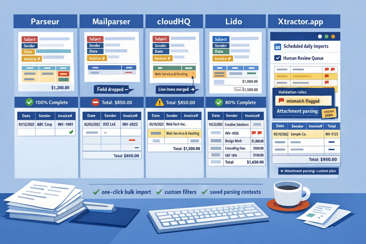 sidebyside sample spreadsheet outputs and parsed invoice screenshots from parseur mailparser cloudhq lido and xtractorapp showing differences in lineitem depth and field completeness
