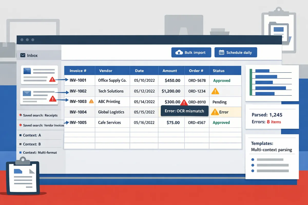sample dashboard showing parsed invoice line items and error flags in a google sheet