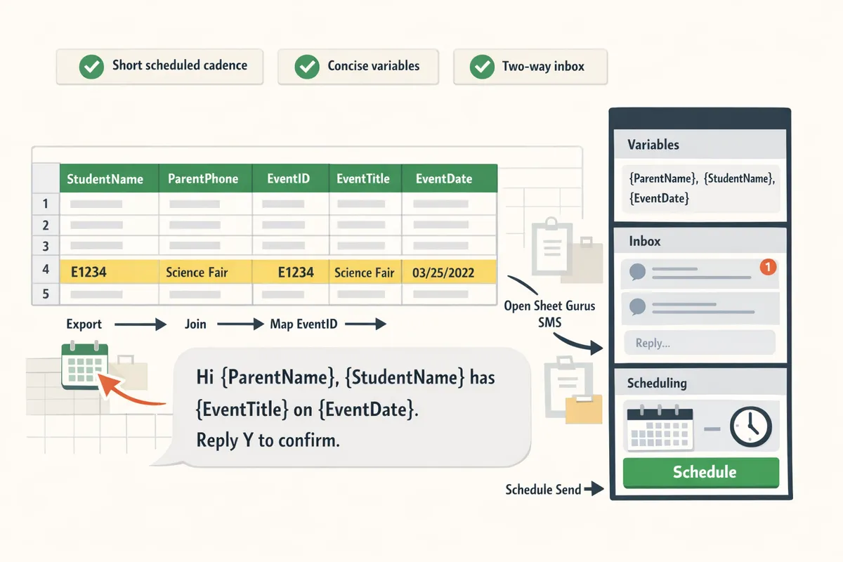 sample google sheet showing canonical roster columns with eventid mapping and a sheet gurus sms sidebar open on the right