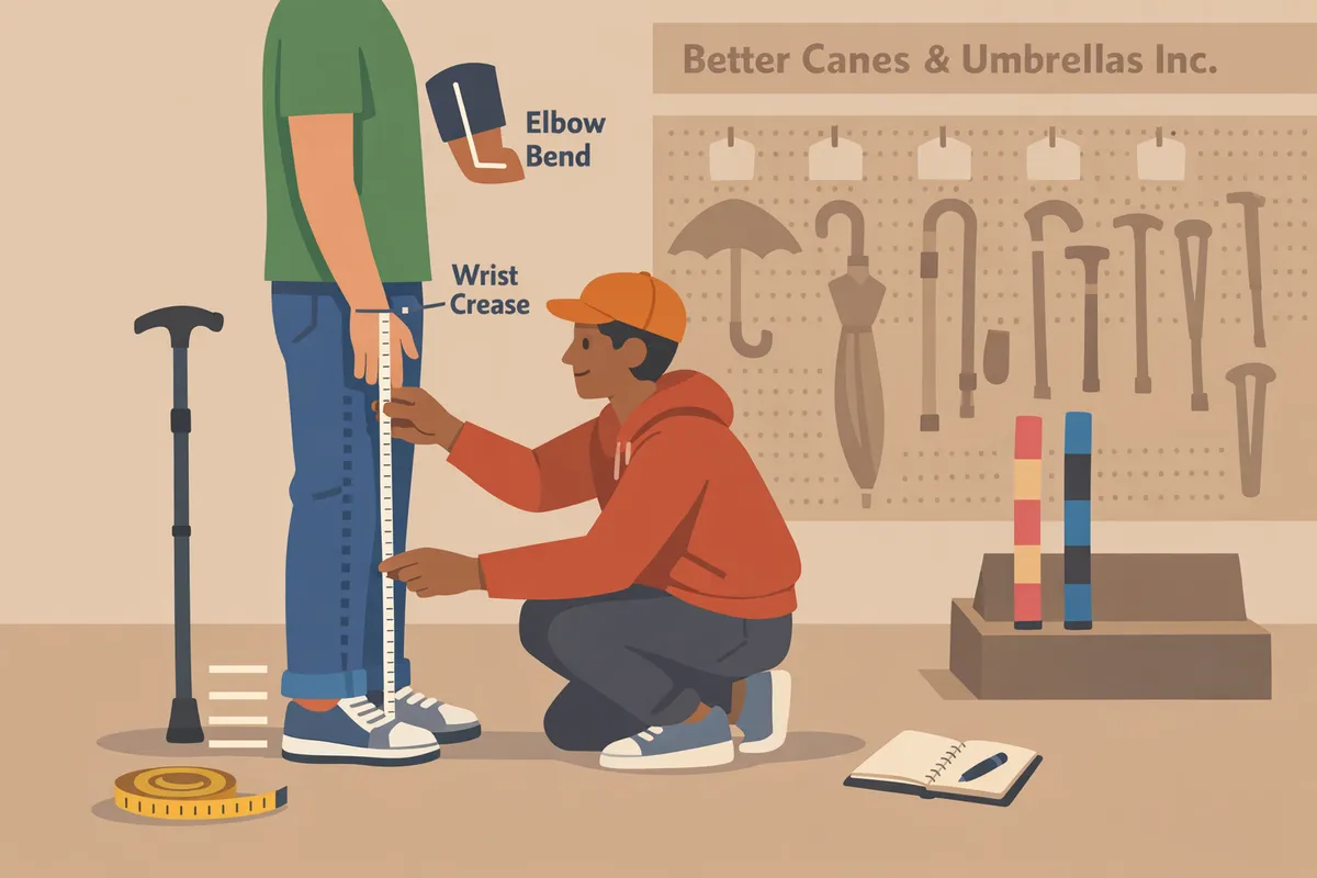 person standing in shoes having their wrist crease measured for cane length with a tape measure