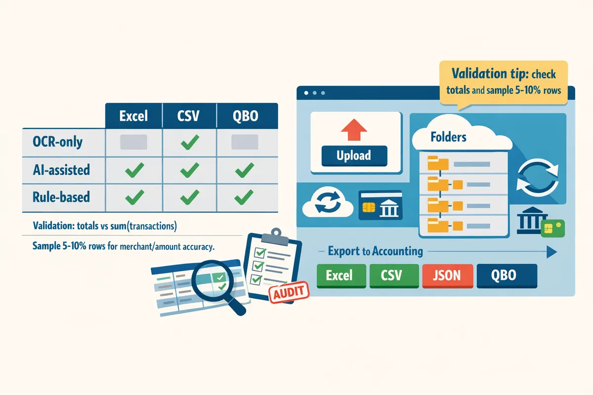 table showing extraction methods ocronly aiassisted rulebased on the left and export formats excel csv qbo across the top with checkmarks indicating best matches and notes on validation steps