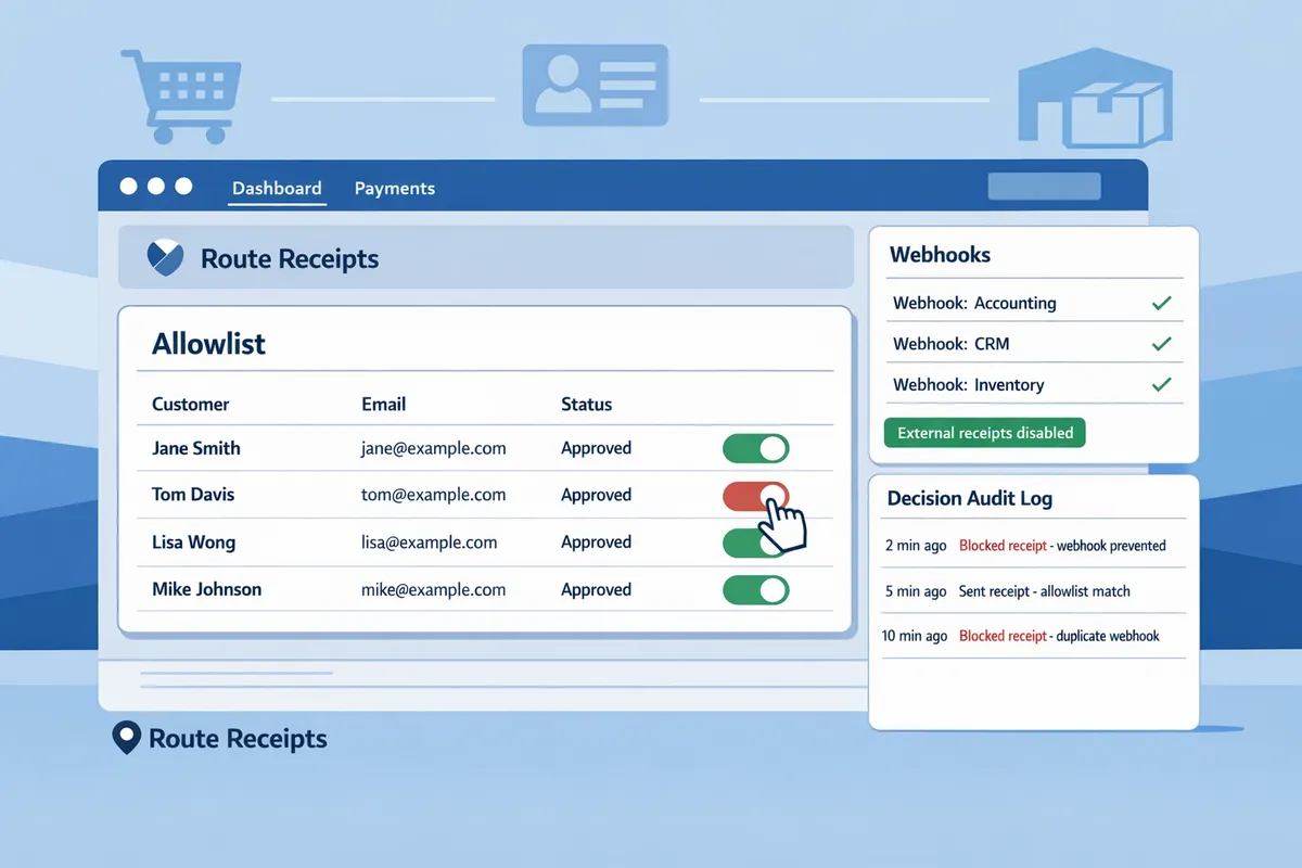 stripe dashboard showing route receipts app open with allowlist and decision audit log visible