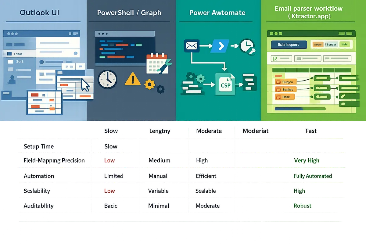 comparison table showing outlook ui powershellgraph power automate and email parser workflow differences