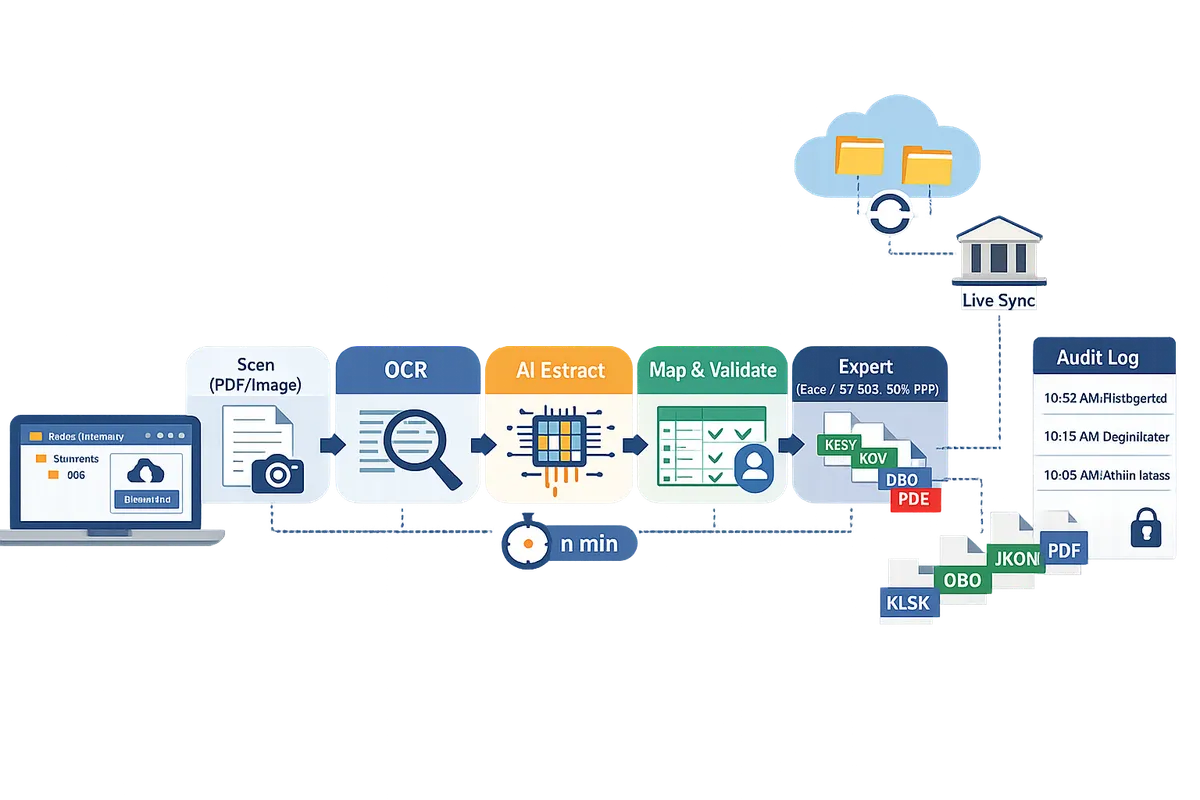 diagram showing the workflow from scanned credit card pdf to ocr ai extraction field mapping validation and export to excelcsvqbo