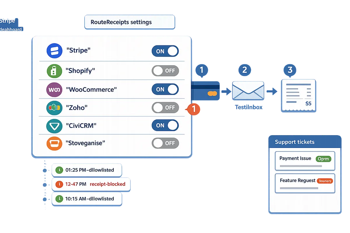 checklist with icons for stripe shopify woocommerce zoho civicrm storeganise and a test transaction flow