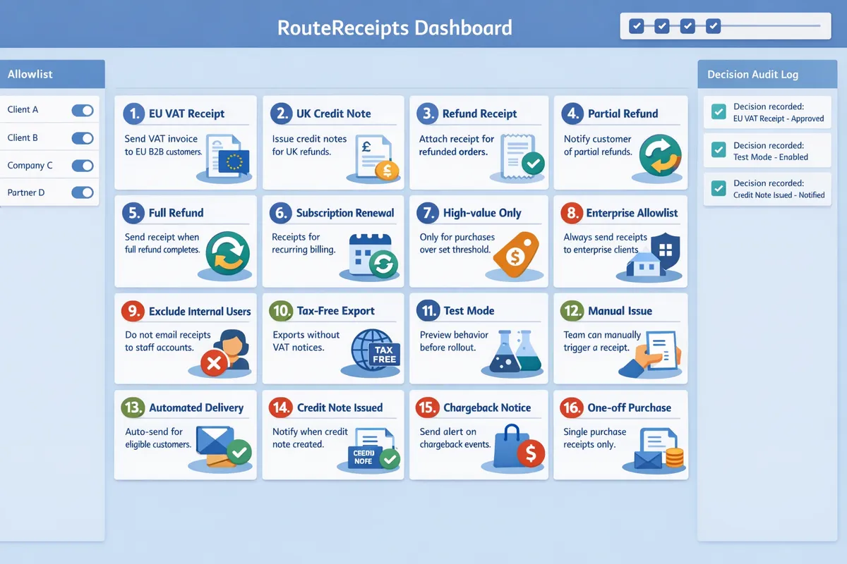 grid of 18 labeled cards each representing a receipt toggle profile with icon and short description
