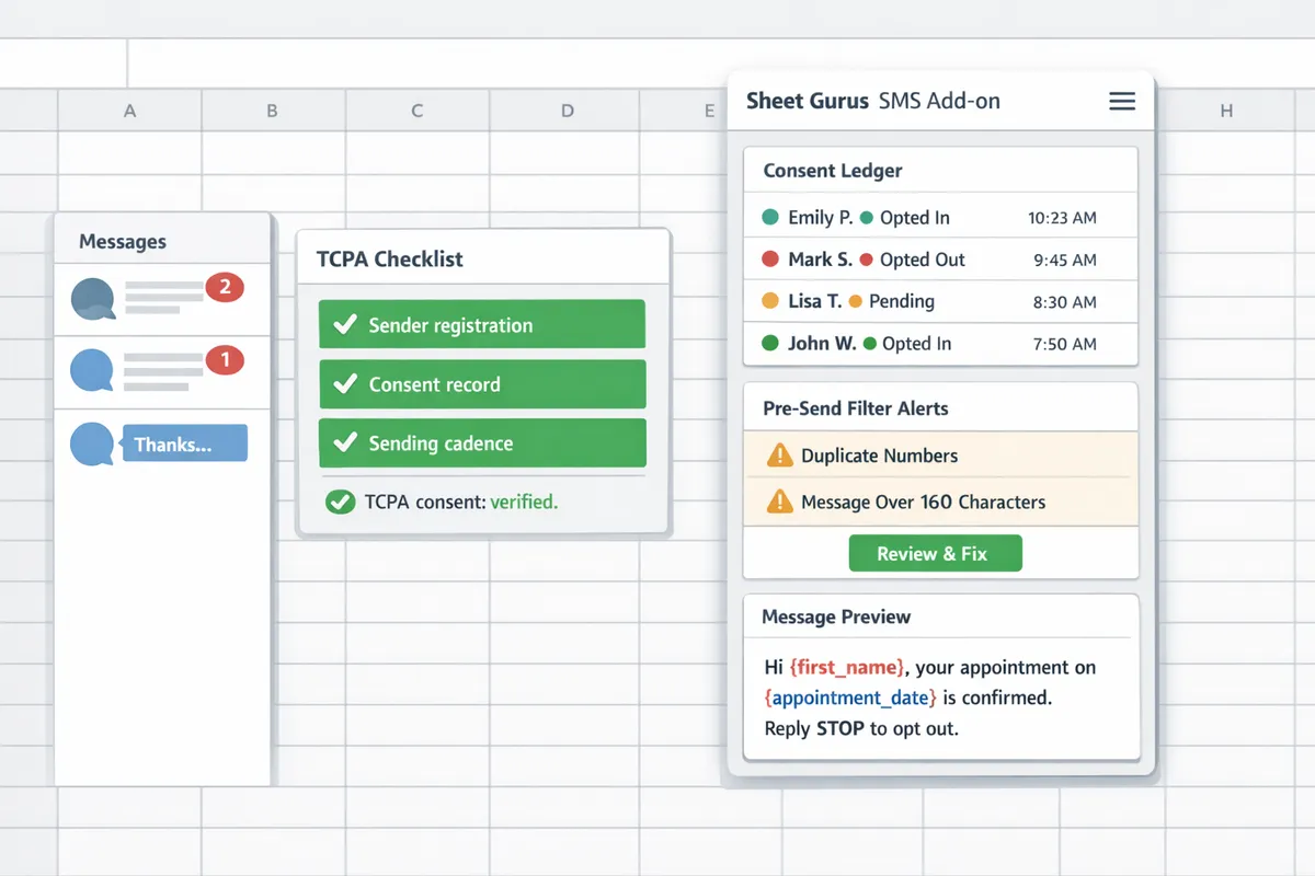 screenshot of sheet gurus sms sidebar showing consent ledger presend filter alerts and a sample personalized message preview such as hi firstname your appointment on appointmentdate is confirmed reply stop to opt out