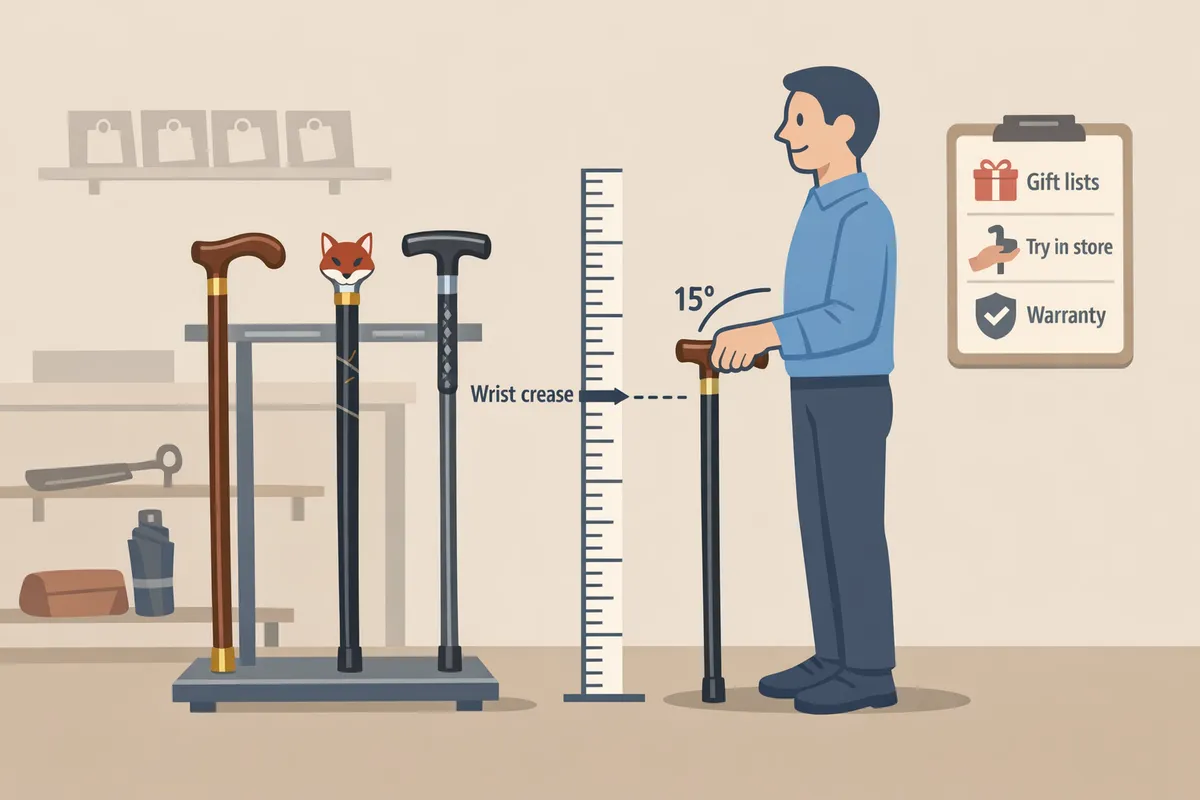 three novelty walking canes displayed vertically showing different handle types and materials with a ruler to illustrate wristtofloor measurement