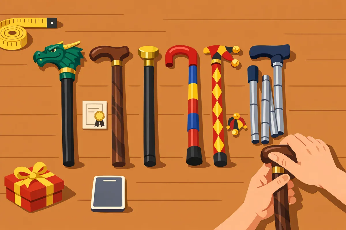 six novelty walking canes displayed on a wooden table showing a resin dragonhandle walnut fashion cane brasstopped replica colorful kids cane jesterpattern cane and lightweight metal commuter cane