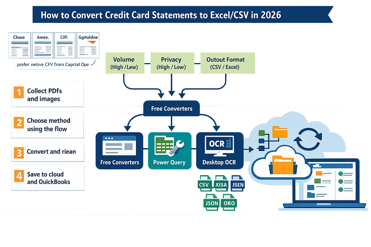 decision flow diagram showing volume privacy and output format leading to free converters power query desktop ocr or rocket statements