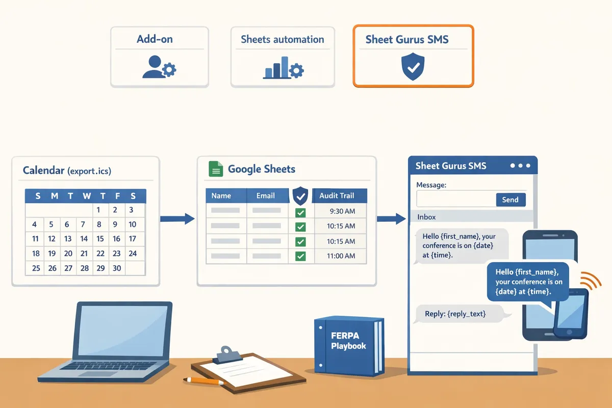 flow diagram showing google calendar event exporting to ics or google sheets then sending an sms with a sidebar addon and a twoway inbox