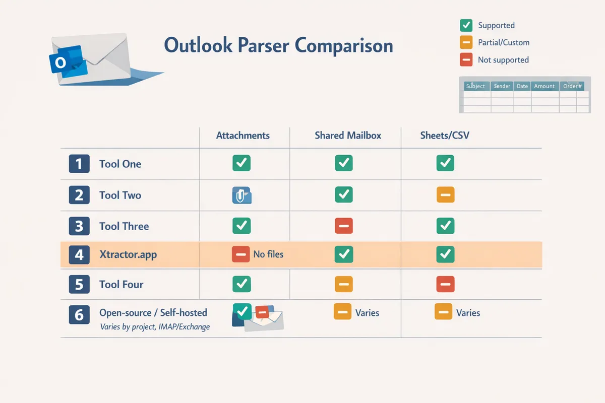 comparison grid showing outlook parser tools with icons for attachment support shared mailbox and google sheets export