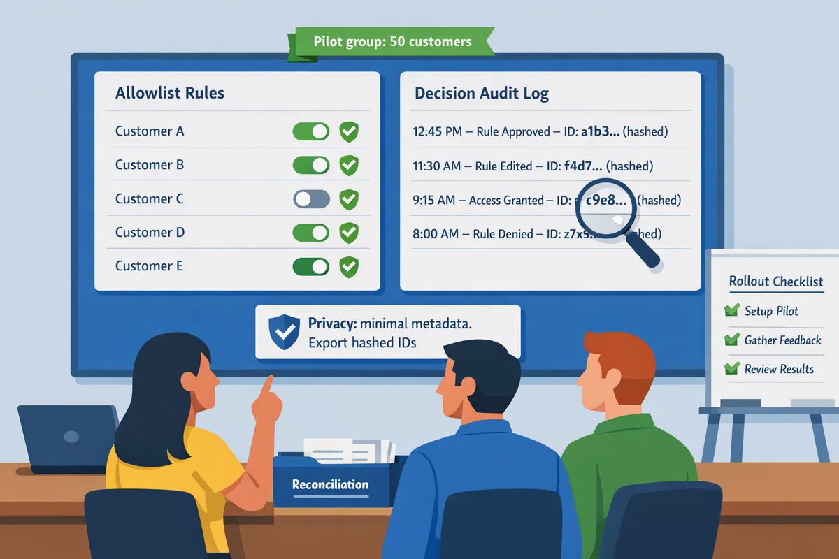 finance team reviewing allowlist rules and a decision audit log in a stripestyle dashboard