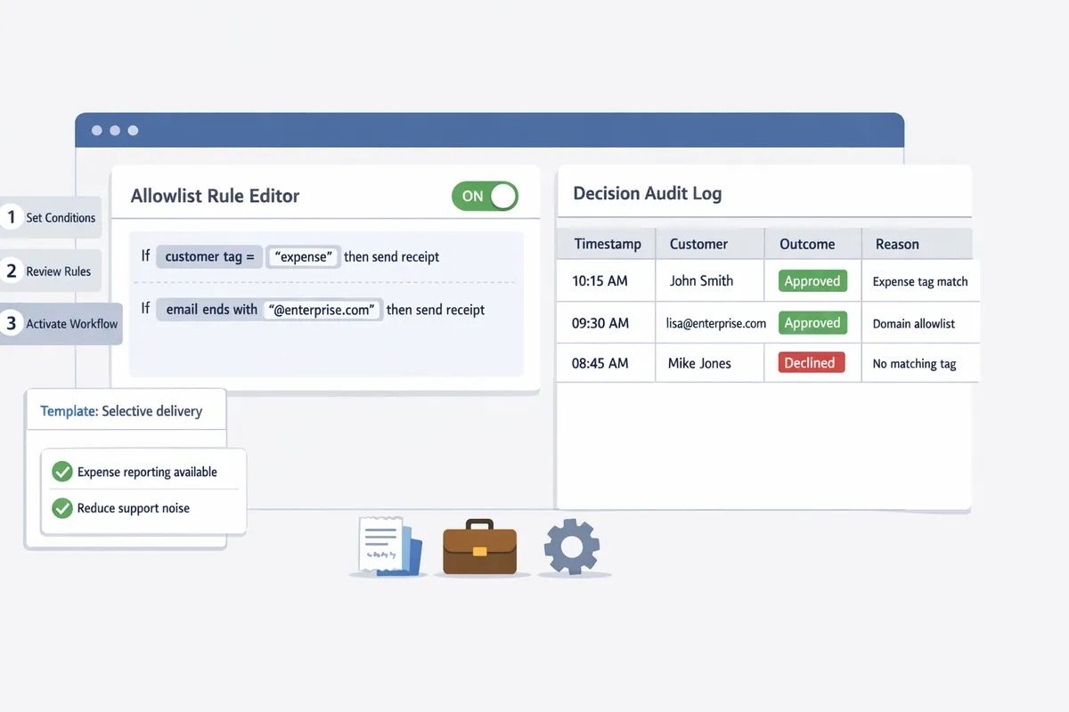 routereceipts dashboard showing an allowlist rule editor and a decision audit log