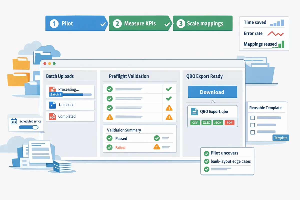 sample dashboard showing batch statement uploads preflight validation results and a qbo export ready to download