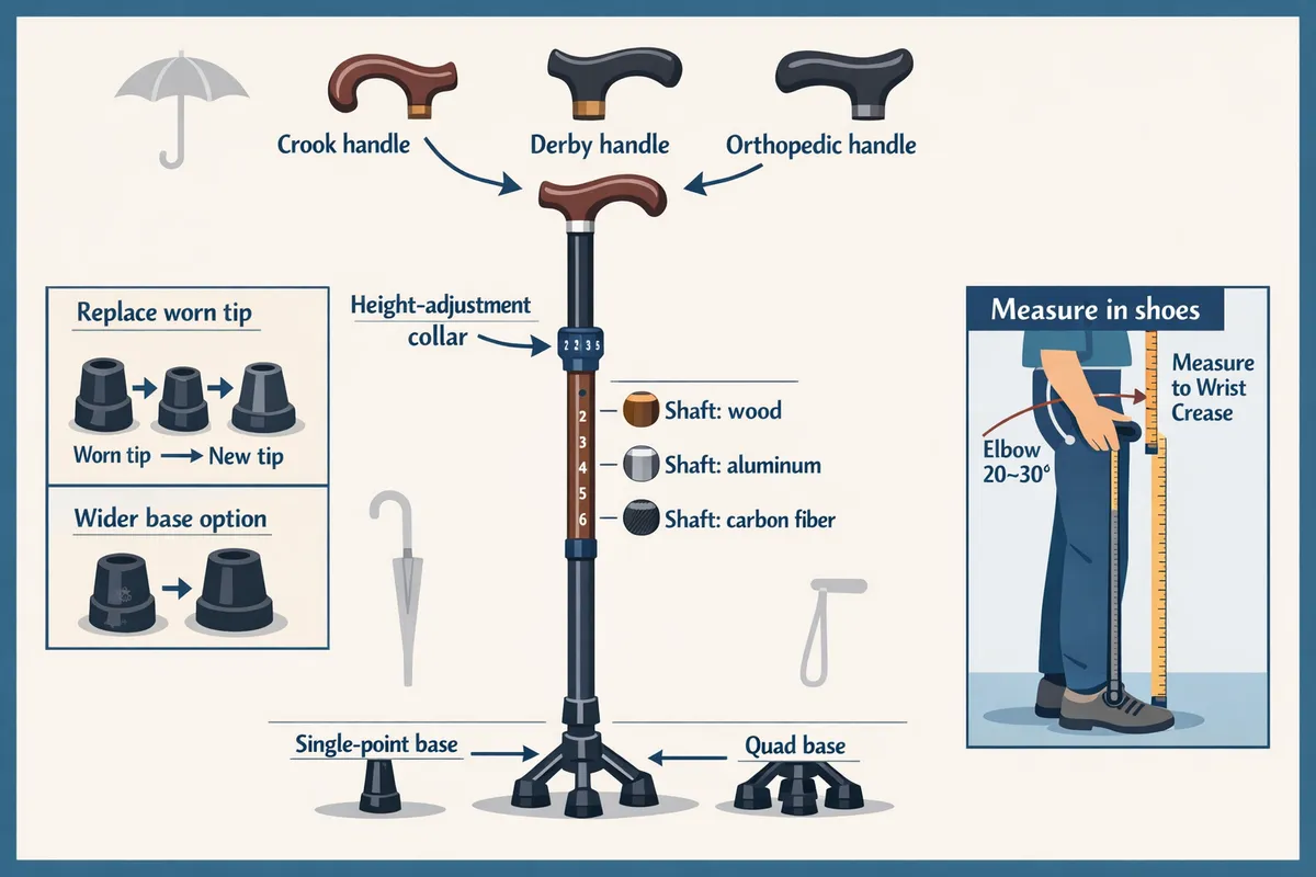 annotated diagram labeling parts of an adjustable cane handle types crook derby orthopedic heightadjustment collar shaft materials and base options singlepoint tripod quad