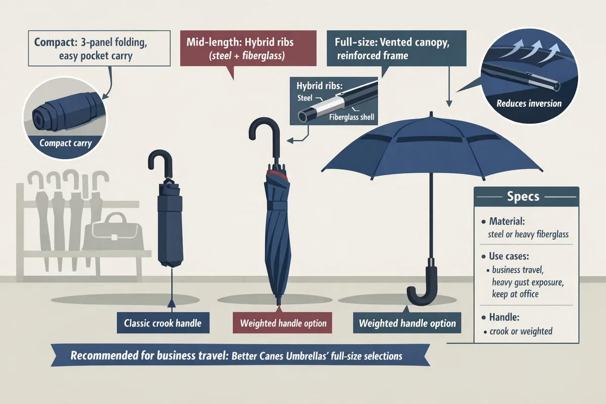 three commuter umbrellas sidebyside showing compact midlength and fullsize styles with labeled features