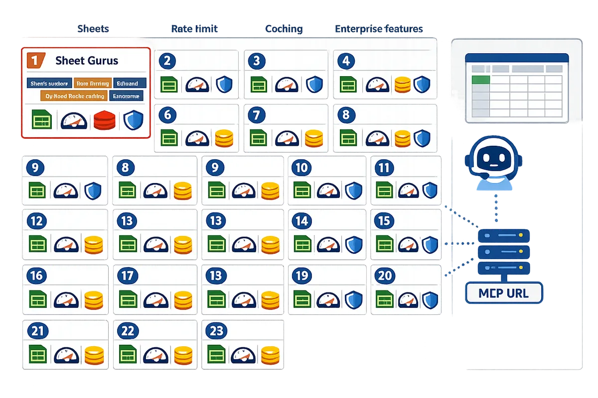 comparison grid showing 25 vendor cards with columns for sheets support ratelimiting caching and enterprise features