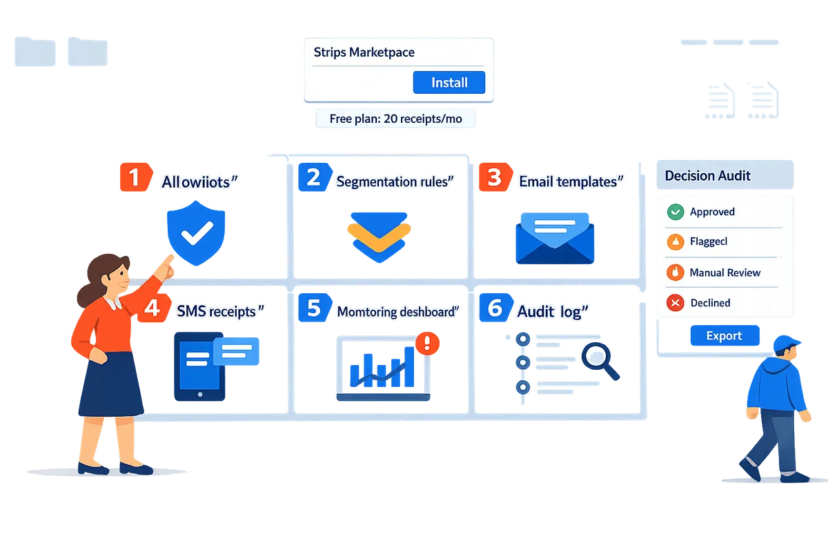 grid of labeled tiles showing allowlists segmentation rules email templates sms receipts monitoring dashboards and audit logs