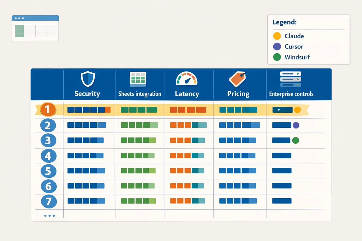 comparison grid showing columns for security sheets integration latency pricing and enterprise controls with vendor rows
