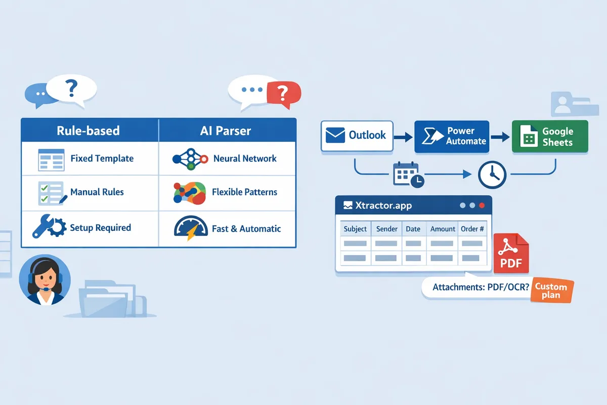 comparison table showing rulebased vs ai parsers and an example workflow connecting outlook power automate and excel