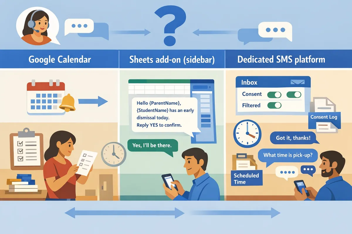 flowchart comparing google calendar native alerts google sheets addon sending via sidebar and dedicated sms platform with inbox and compliance filters