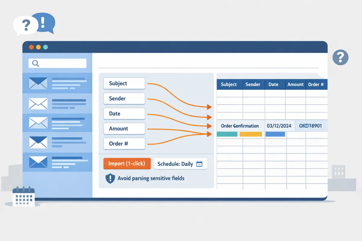 screenshot showing an email parser interface mapping fields from mixedformat order emails into google sheets rows