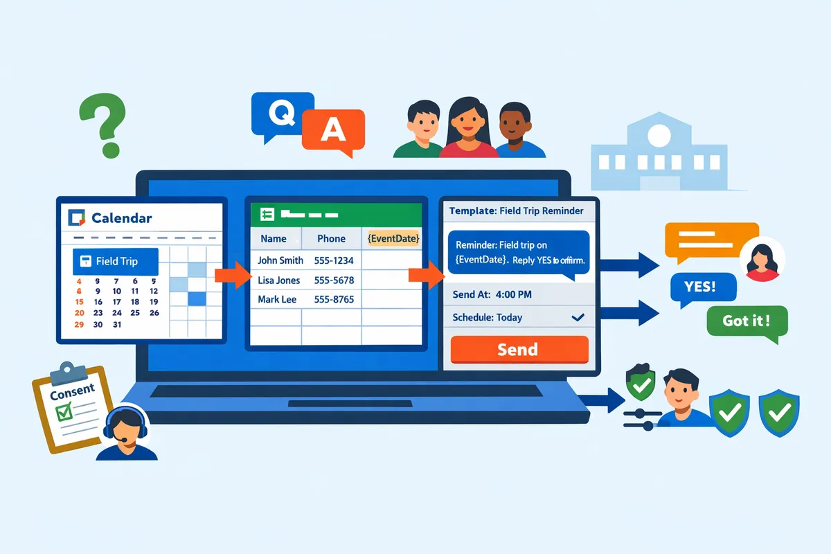 flowchart showing a google calendar event feeding a google sheet and the sheet gurus sms sidebar sending texts and collecting replies