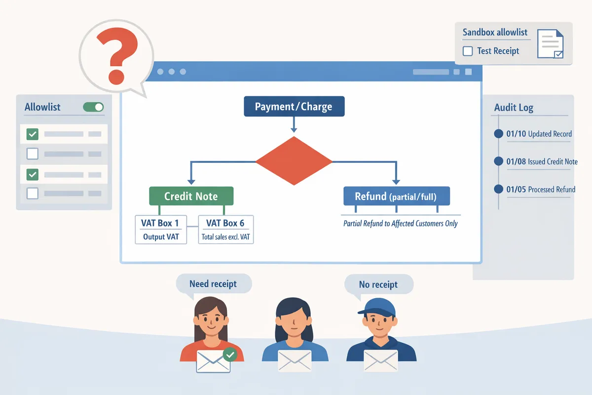 decision flowchart showing whether to issue a credit note or refund with example vat box mappings for box 1 and box 6
