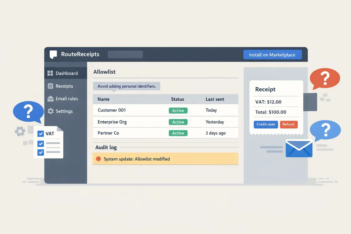 screenshot of the routereceipts dashboard showing allowlist entries an audit log row and the stripe marketplace install button
