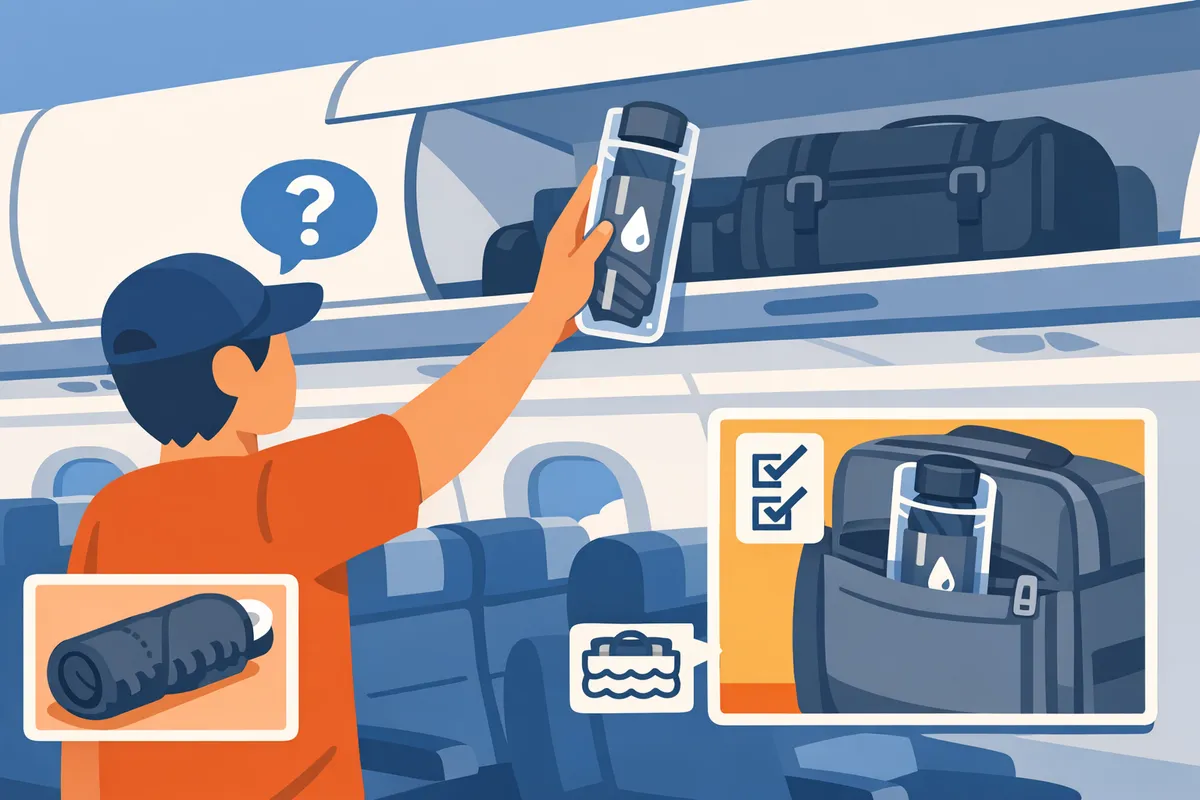 traveler pulling a compact umbrella from an airplane overhead compartment while the umbrella sits in a waterproof sleeve