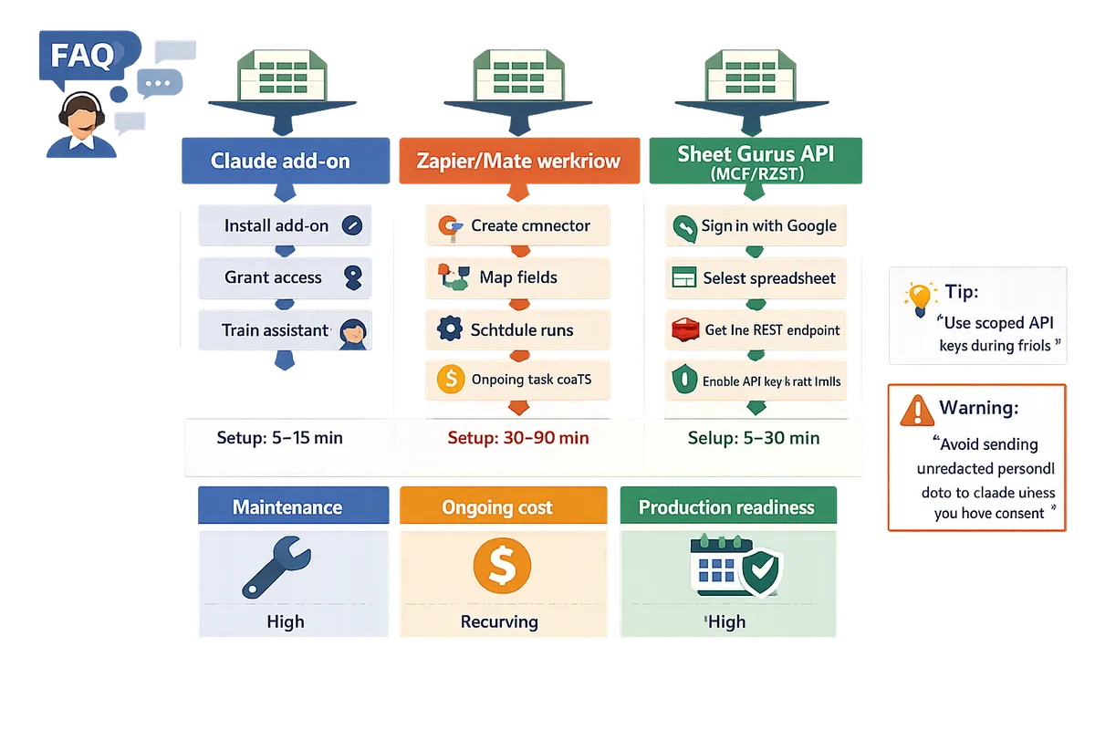 diagram comparing three connection pathsclaude addon zapiermake workflow and sheet gurus api mcprestwith setup time ranges and key steps