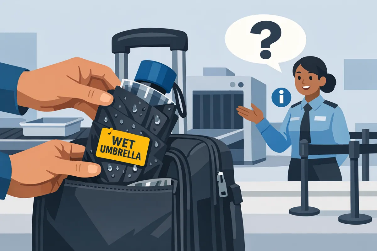passenger placing a compact folded umbrella in an outer pocket of a carryon bag at an airport security checkpoint