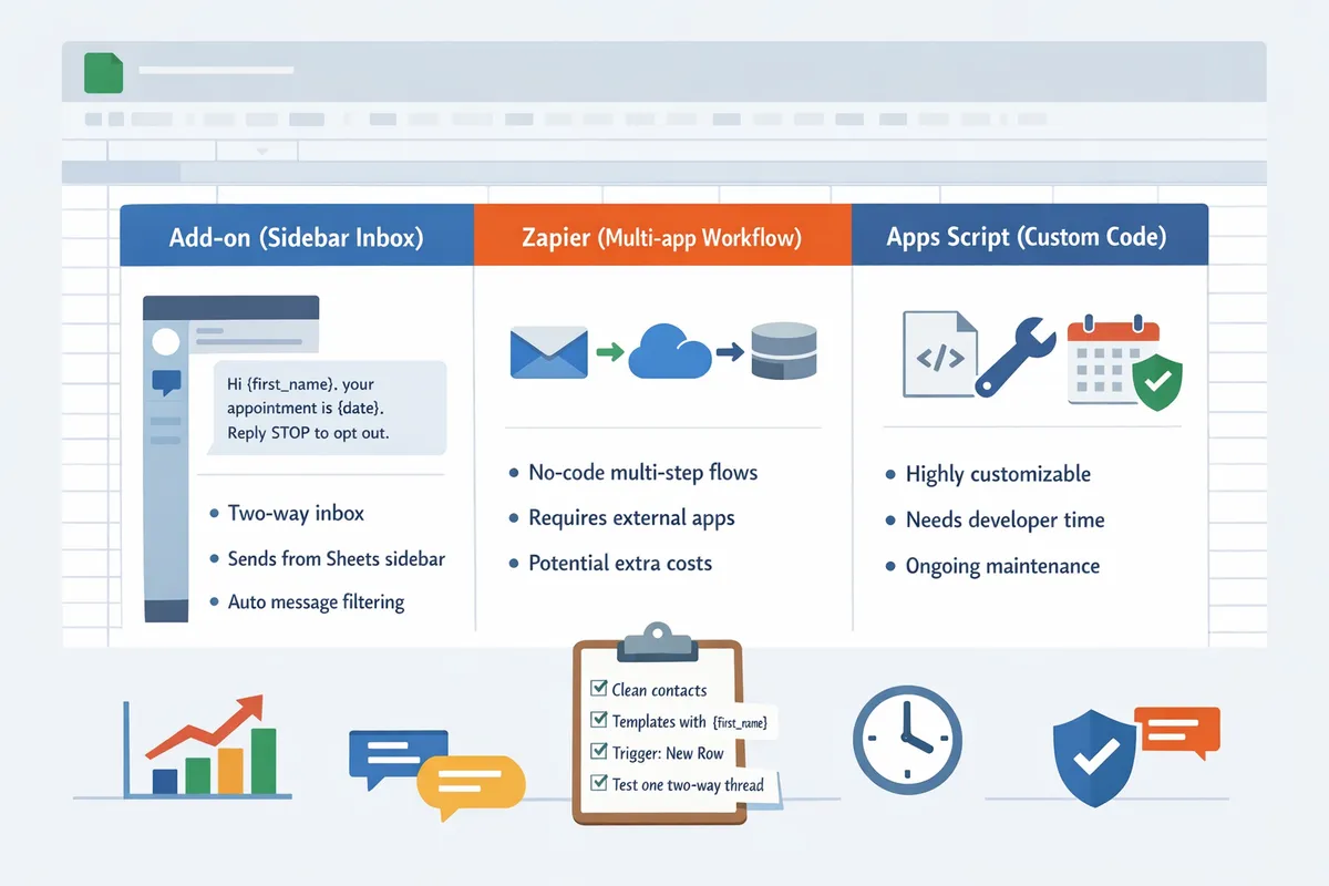 comparison diagram showing three columns labeled addon sidebar inbox zapier multiapp workflow and apps script custom code with pros and cons listed beneath each