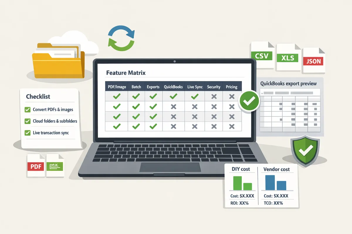 comparison table on a laptop screen with a checklist and sample quickbooks export preview