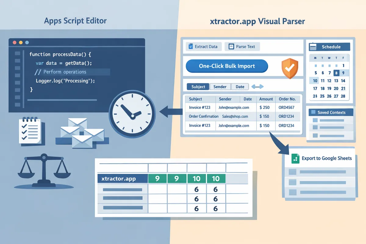 splitscreen comparing a codebased apps script editor versus xtractorapp visual parser and scheduler