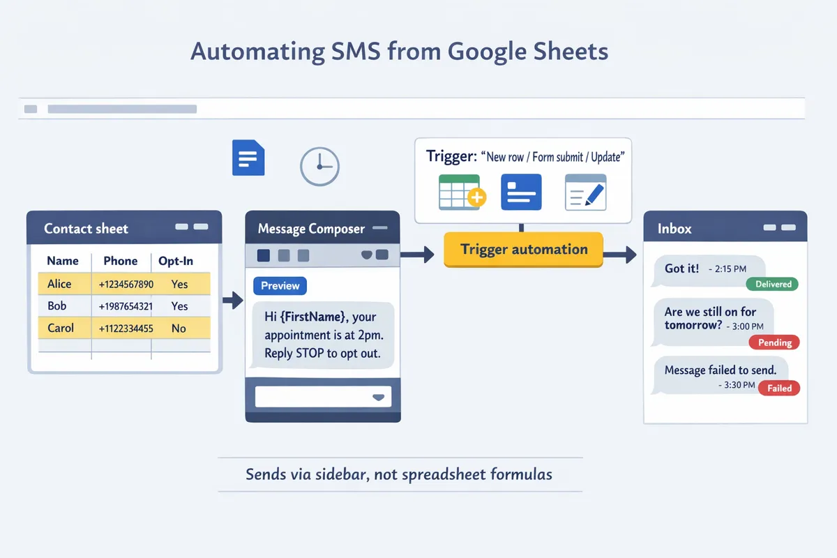 diagram showing four building blocks contact sheet message composer with firstname trigger method and sidebar inbox threaded view
